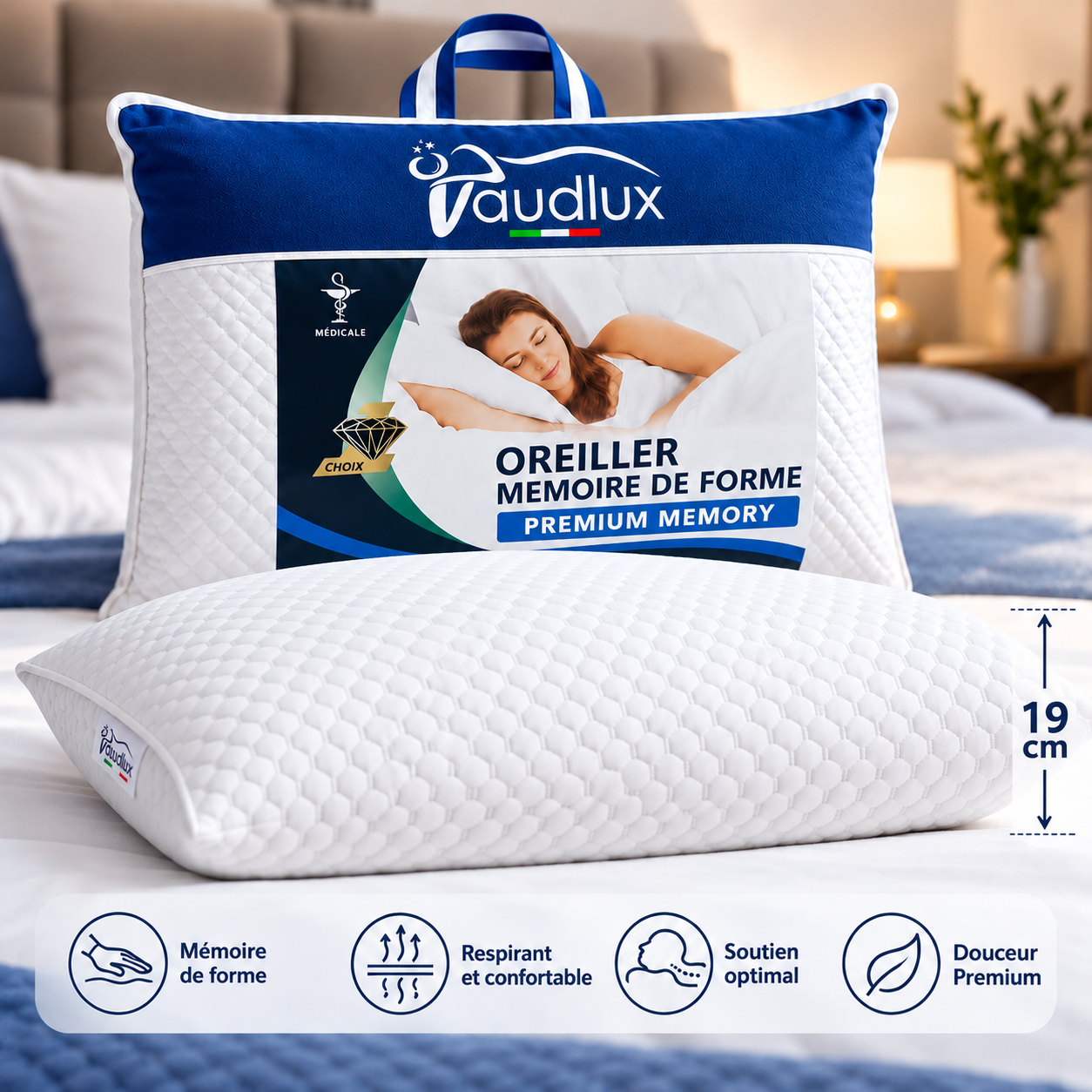 Luxury Memory Foam Pillow with 19 cm Support Oreiller Memoire de Forme - Premuim Memory - 19 Cm