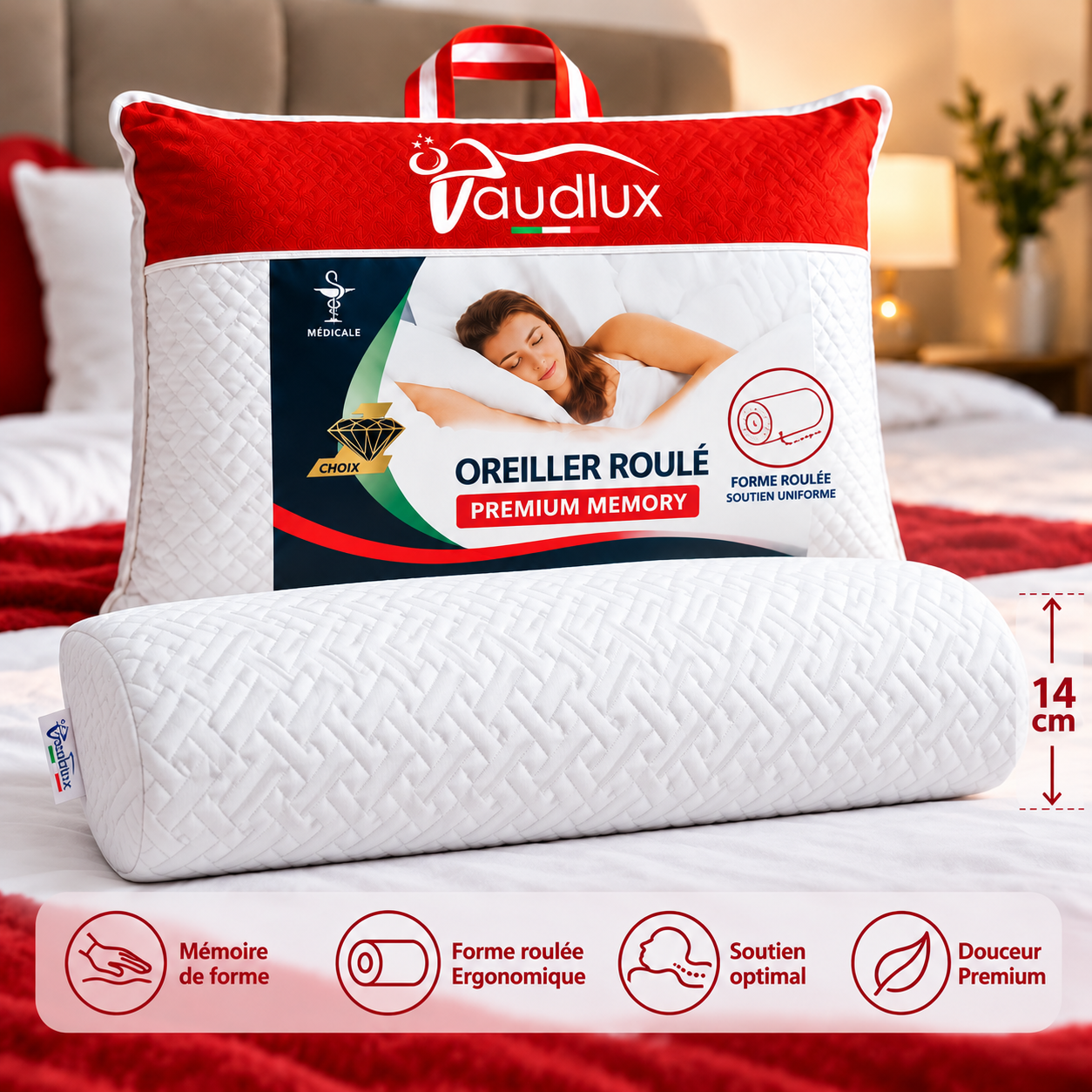 Vaudlux Premium Memory Pillow Ad Oreiller Roulé – Premium Memory – 14 Cm